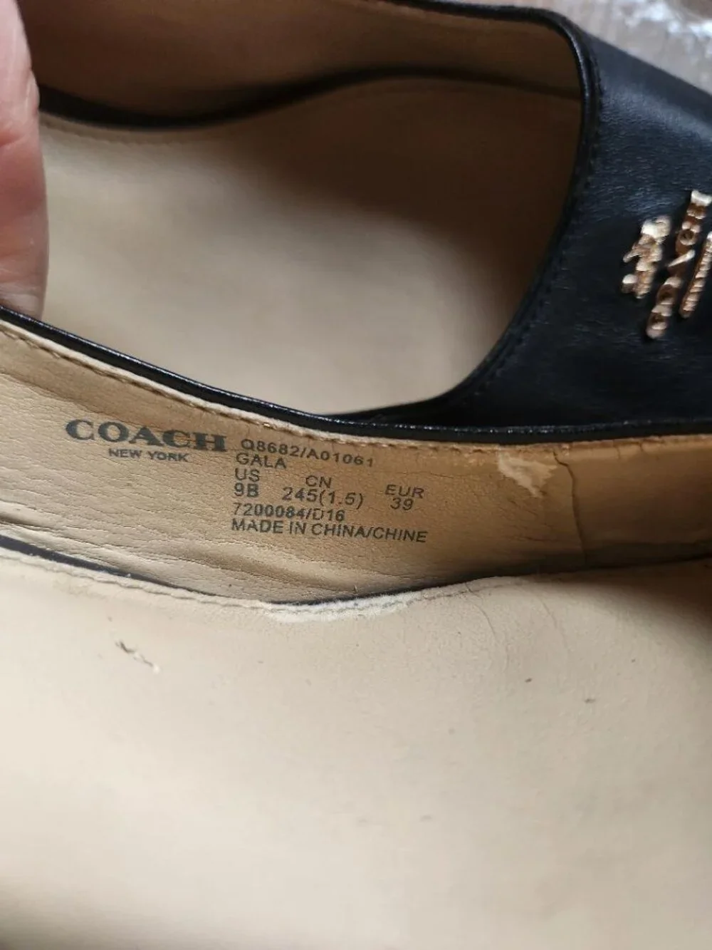 Womens Coach Black Leather Peep Toe Wedge Heels with Gold Badge Sz 9B MSRP $298